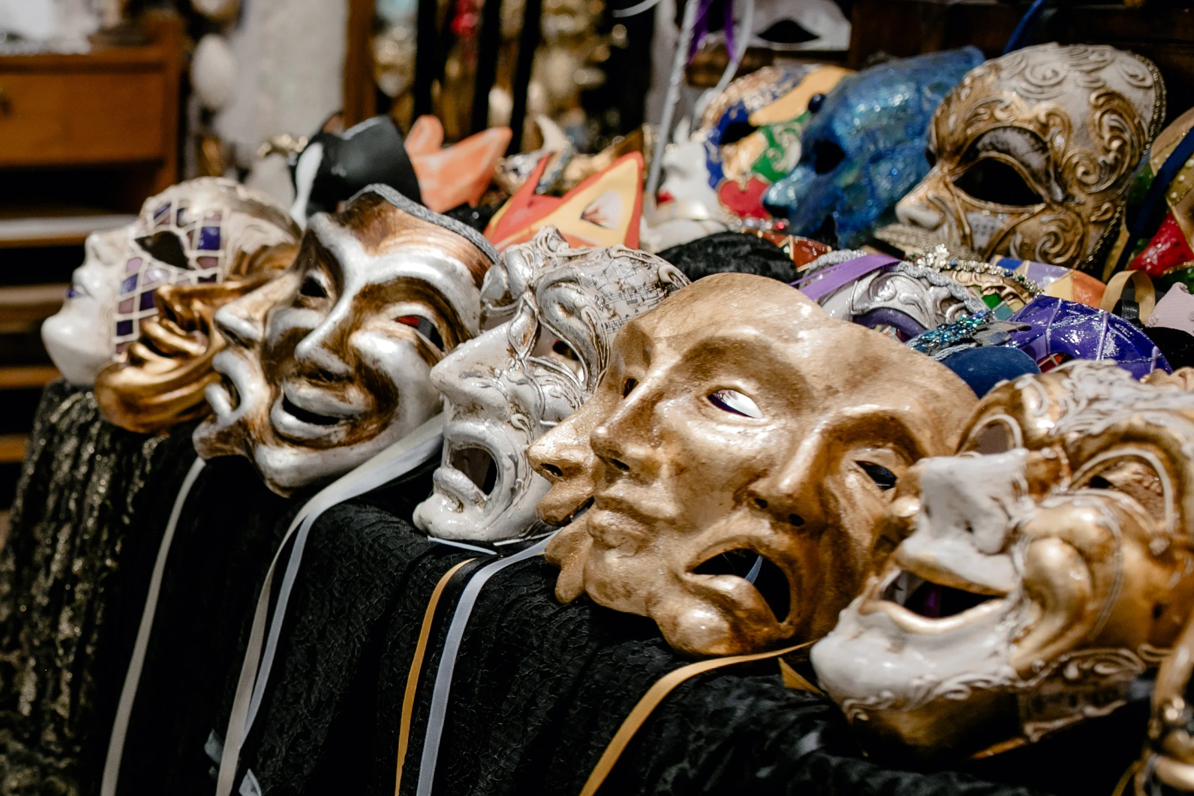 Carnival masks displayed outside a shop in Venice