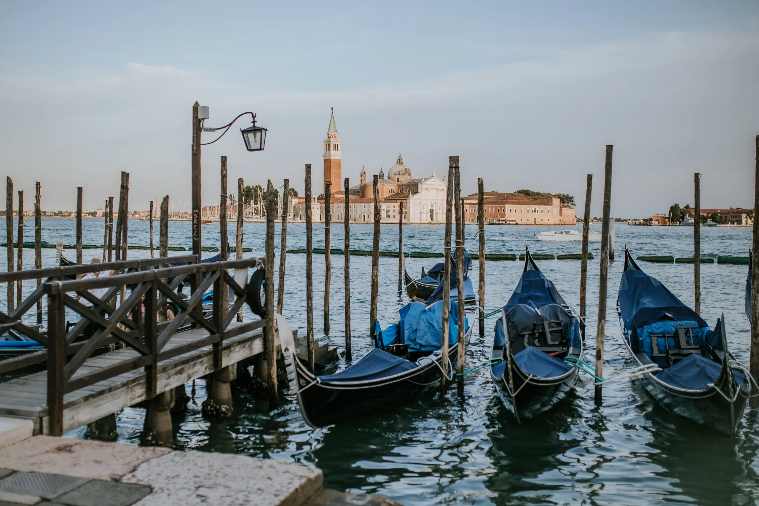 Gondolas moored along the Venetian waterfront