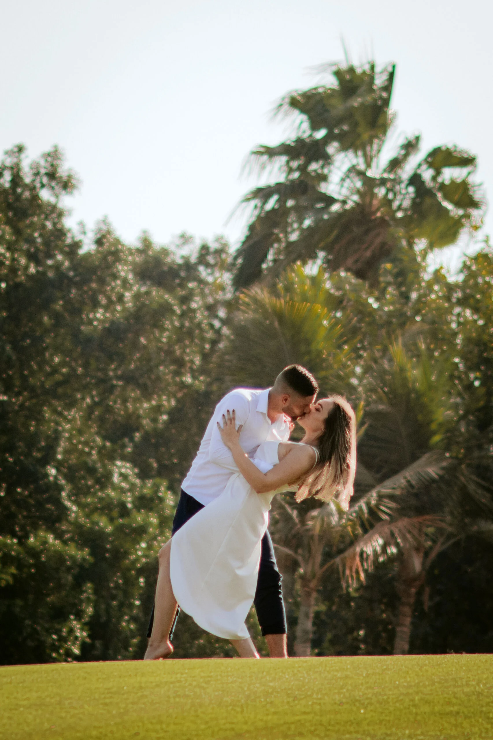 Couple embracing on a lawn beneath the palms