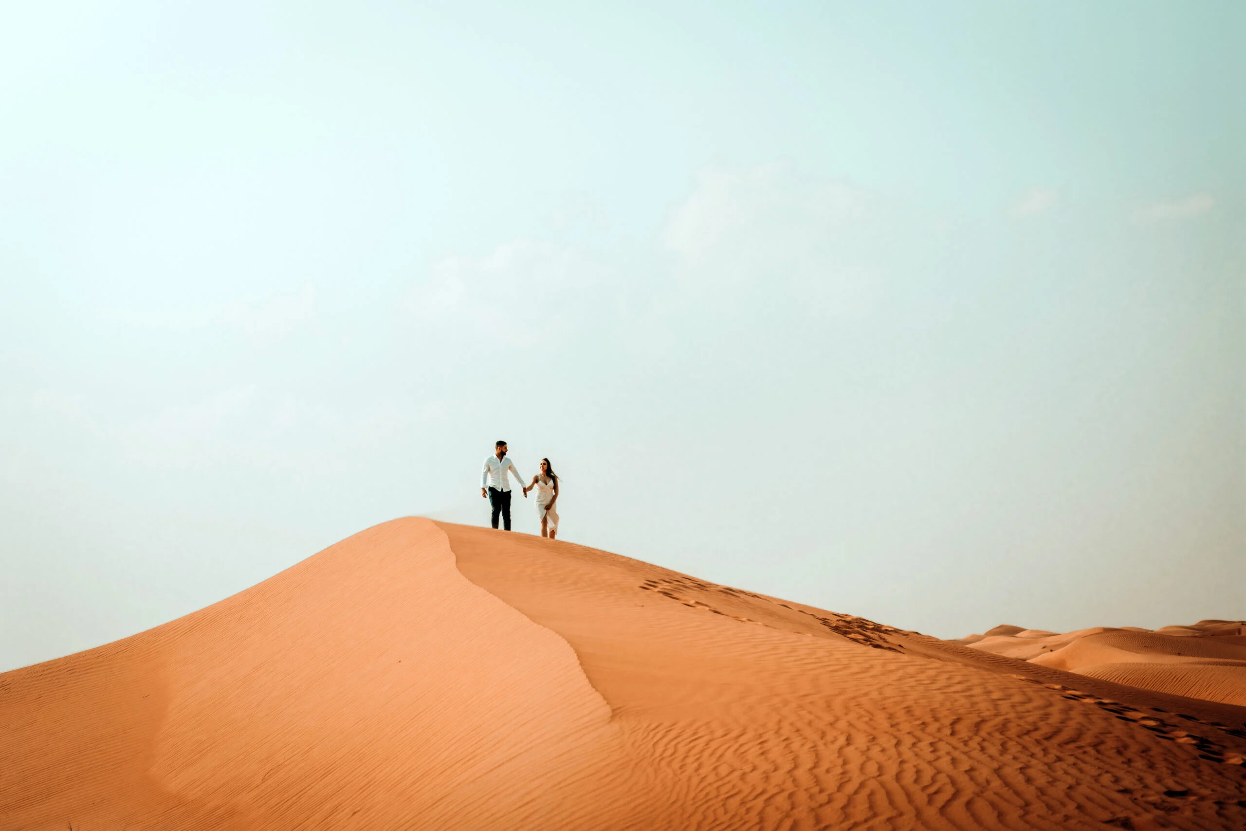 Couple standing on the crest of a dune