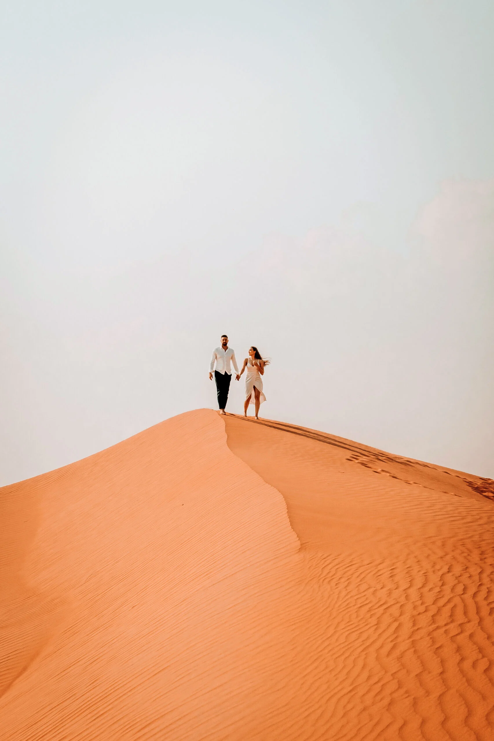 Couple standing on top of a dune against a pale sky