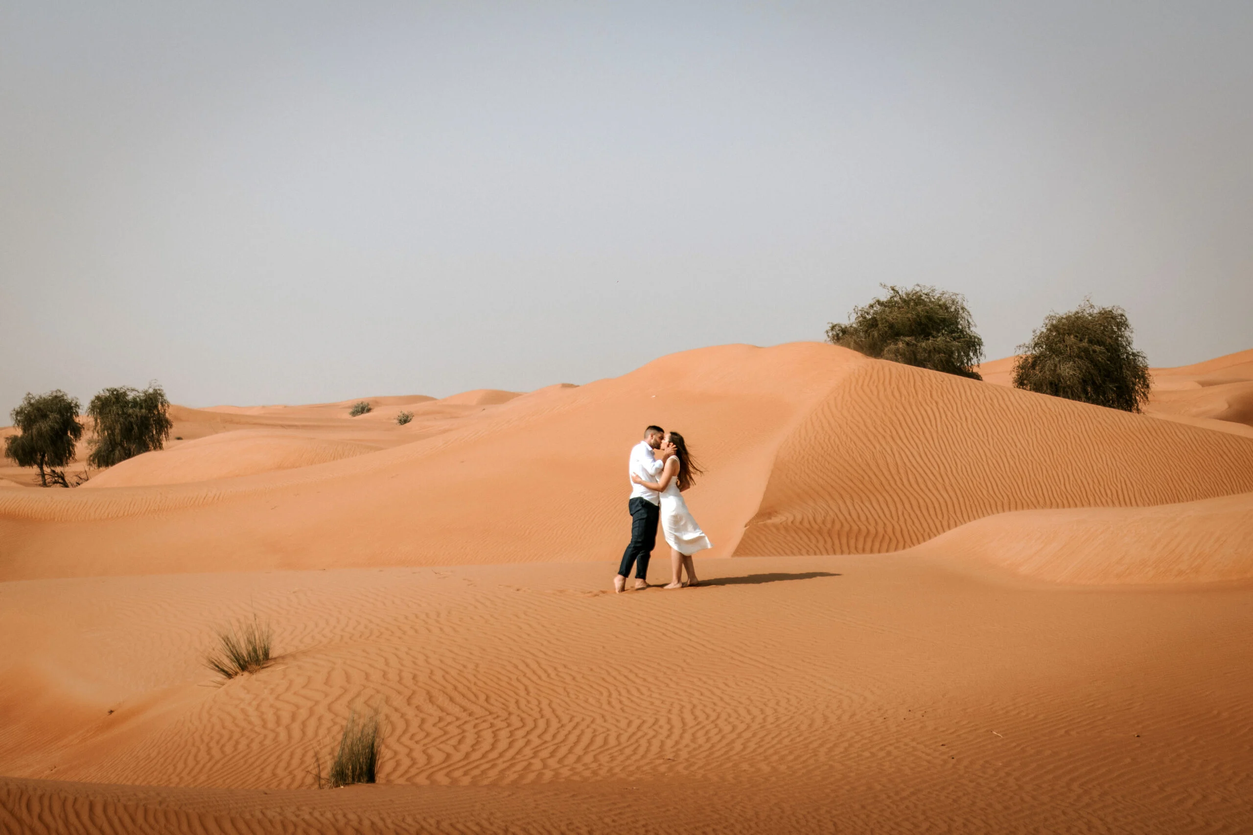 Couple standing together on the sand near low bushes
