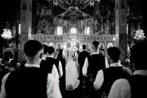 Black and white photograph of the ceremony inside the church
