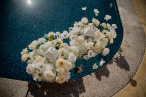 White roses floating on the surface of a pool