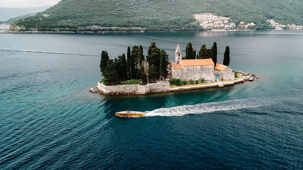 Aerial view of the island church in the Bay of Kotor