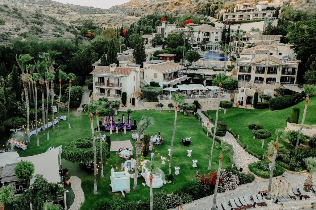 Aerial view of a hillside resort in Cyprus above the sea