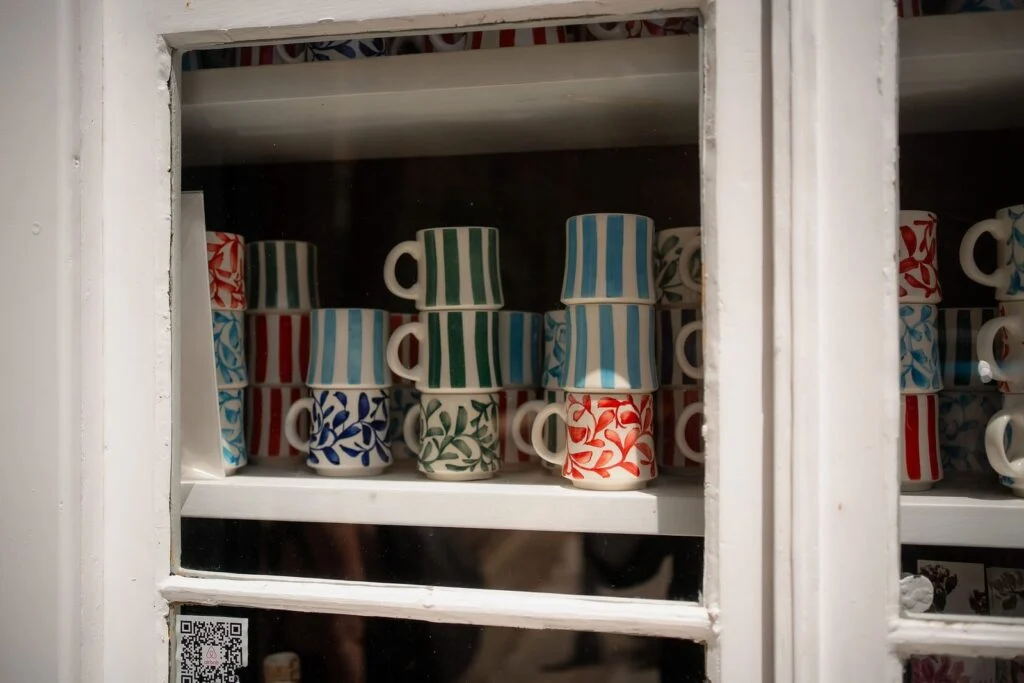 Patterned cups in a shop window