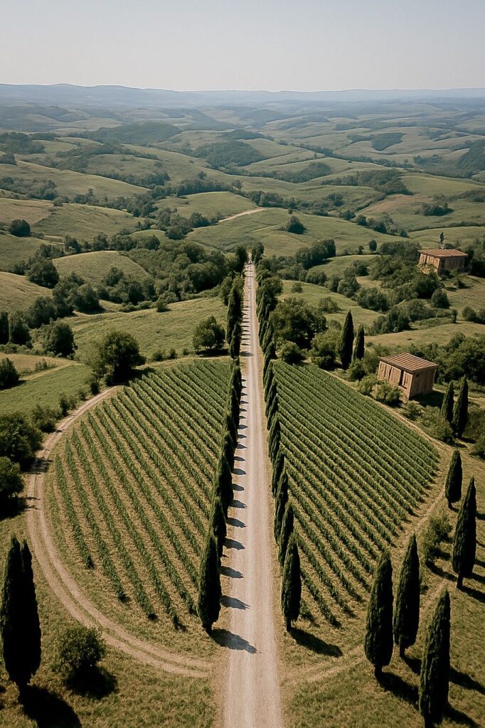 Aerial view of a Tuscan vineyard with an avenue of cypress trees